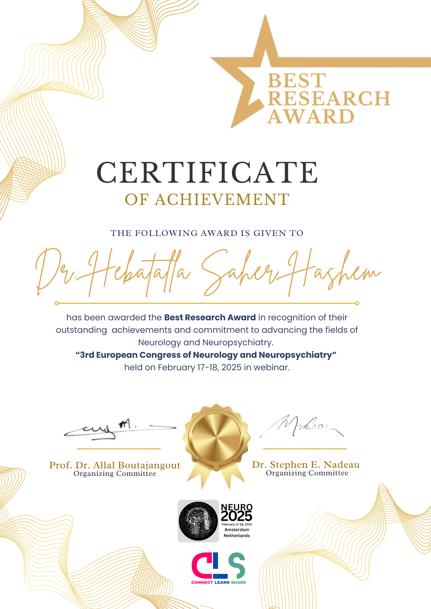 Neuro 2026 | Best Research Award | Dr. Hebatalla Saher Hashem | Neurology | Neuropsychiatry | Paris | France | Webinar