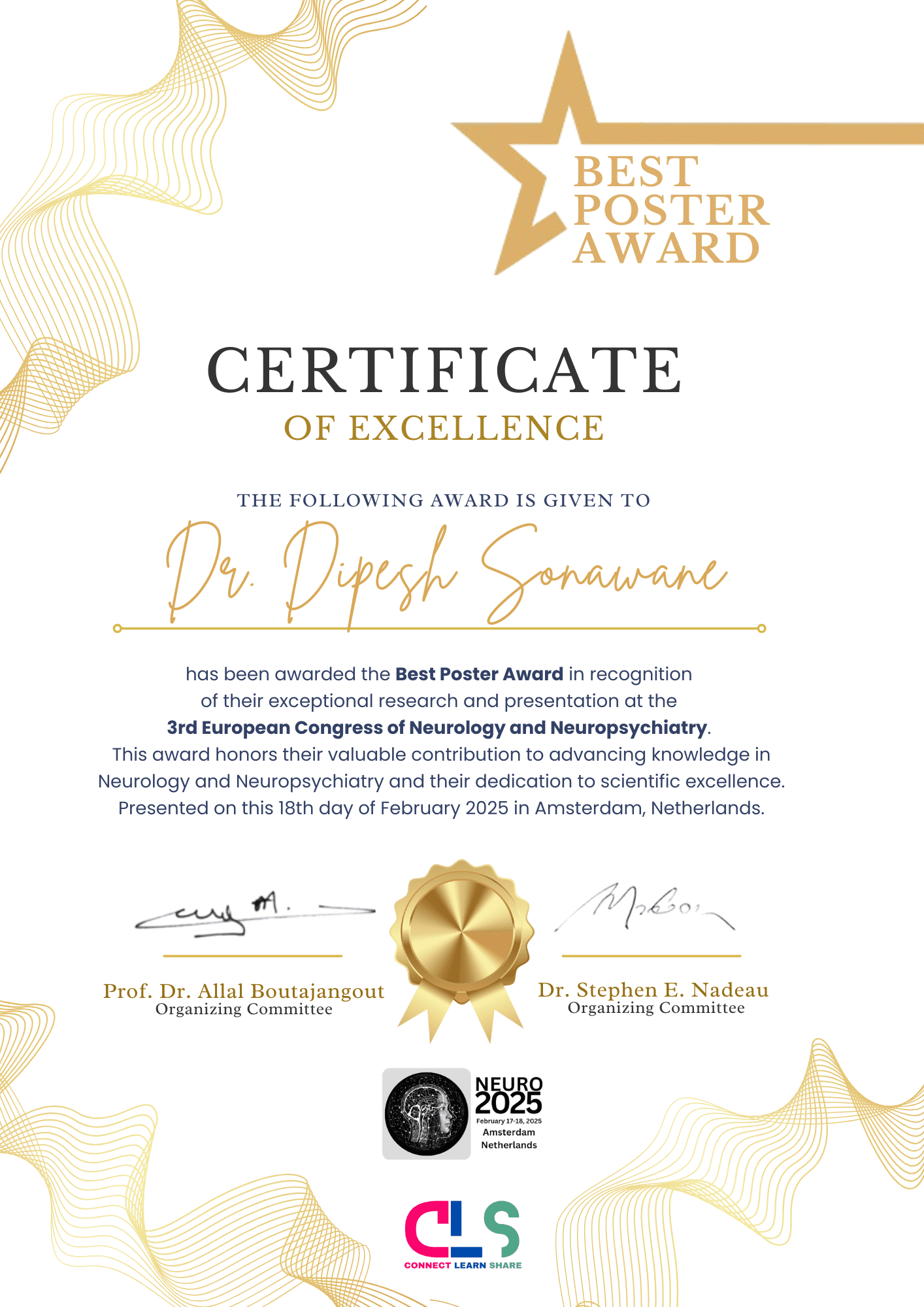 Neuro 2026 | Best Poster Award | Dr. Dipesh Sonawane | Neurology | Neuropsychiatry | Paris | France