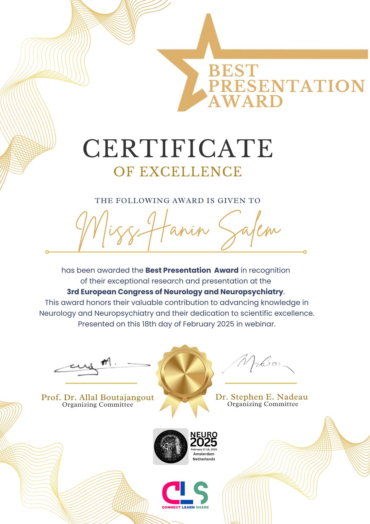 Neuro 2026 | Best Presentation Award | Miss Hanin Salem | Neurology | Neuropsychiatry