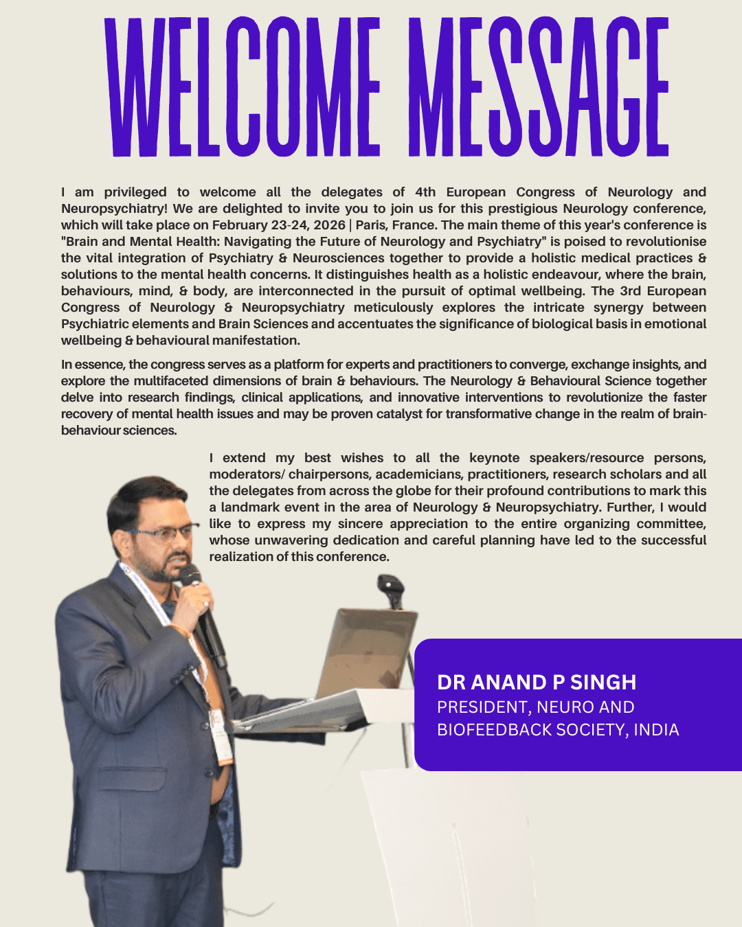Welcome Message: 4th European Congress of Neurology and Neuropsychiatry